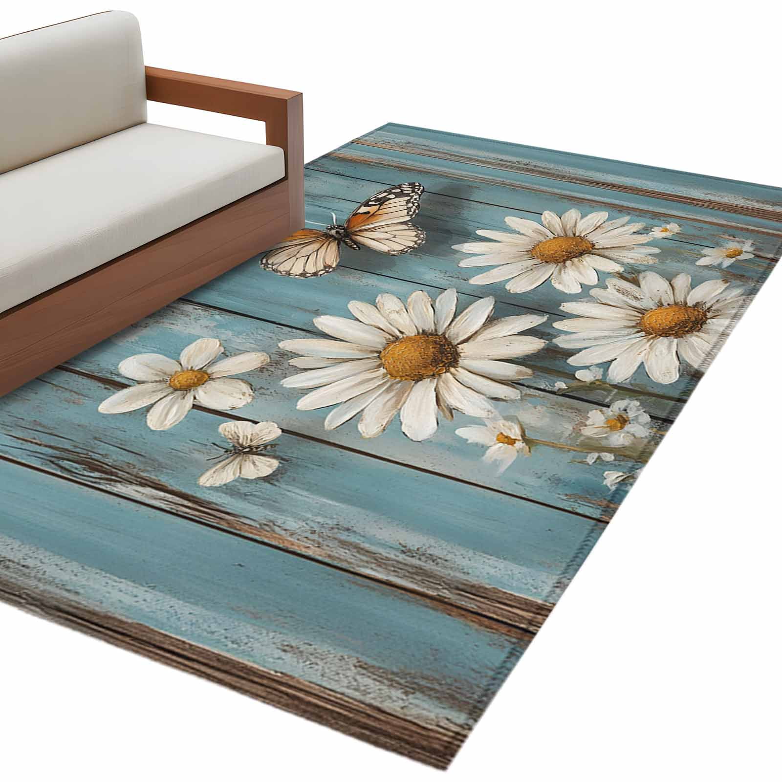 Daisy Area Rug 3x5ft Daisy And Butterfly Teal Vintage Wood Pastoral Non ...