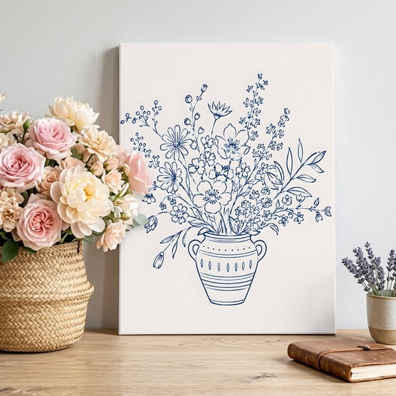 Daisy Arrangement Canvas Wall Art, Rustic Floral Blue Flower Ceramic Pot Line Art Framed Canvas Wall Decor Picture Print Artwork Decorations for Living Room Office Ready to Hang 20" x 16"