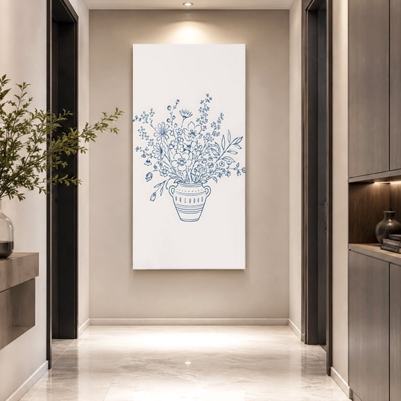 Daisy Arrangement Canvas Wall Art, Rustic Floral Blue Flower Ceramic Pot Line Art Framed Picture Canvas Wall Art Print Decor Artwork Decorations for Living Room Bedroom Ready to Hang 40" x 20"