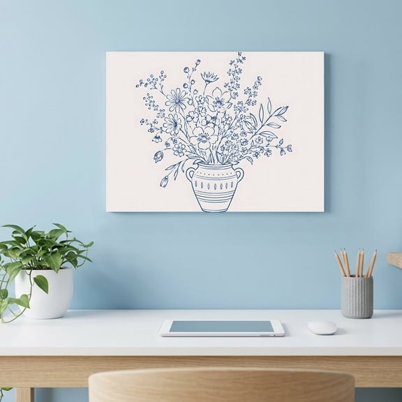 Daisy Arrangement Canvas Wall Art, Rustic Floral Blue Flower Ceramic Pot Line Art Wall Art Prints Artwork Framed Canvas Ready to Hang Art Pictures for Kitchen Living Room Bedroom Hallway 28" x 22"