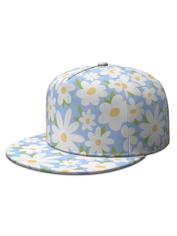 Daisy Artwork Snapback Hat - Sunny Yellow Flower Full Panel Cap - Unisex Adjustable Flat Visor for Men Women