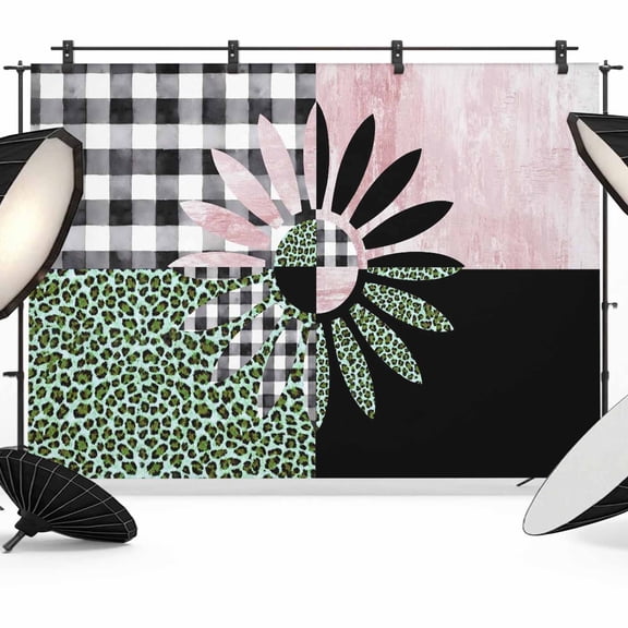 Daisy Backdrop for Photography, Black White Buffalo Check Leopard Black Pink Photo Backdrop Portrait Background Party Banner Photo Backgrounds for Studio Booth Props, 7x5ft