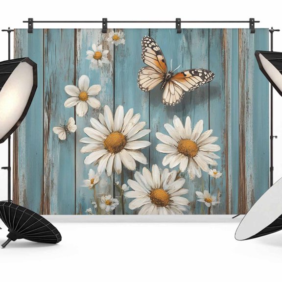 Daisy Backdrop for Photography, Daisy And Butterfly Teal Vintage Wood Pastoral Photo Backdrop Portrait Background Party Banner Photo Backgrounds for Studio Booth Props, 7x5ft
