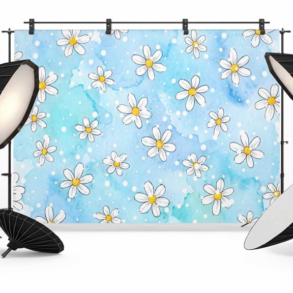 Daisy Backdrops for Photography, Floral Blue Background Blue Gradient White Dots Fabric Photo Background Sturdy Studio Props for Photo Studio, Video Recording, Booth & Photoshoot 7x5ft
