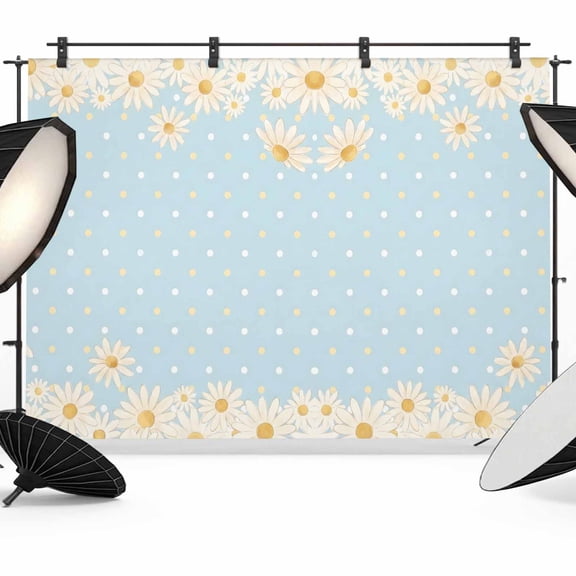 Daisy Backdrops for Photography, Polka Dots Blue Background Summer Floral Fabric Photo Background Sturdy Studio Props for Photo Studio, Video Recording, Booth & Photoshoot 10x8ft