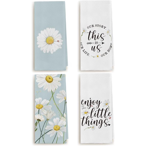 Daisy Bathroom Decor, Daisy Kitchen Towels, Dish Towels Decor Set of 4, This is Us, Enjoy The Little Thing, Absorbent Drying Cloth Hand Towels Tea Towels for Bathroom, 18 x 26 Inch