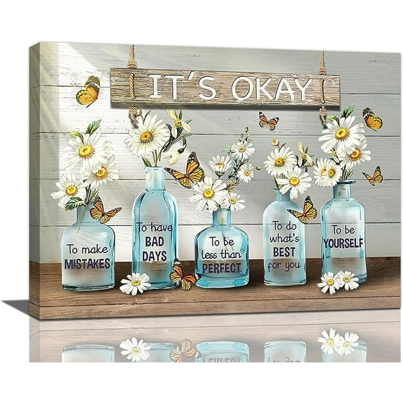 Daisy Bathroom Decor Wall Art Daisy Canvas Painting Prints Rustic Daisy Flower Bathroom Pictures for Wall It''s Okay Inspirational Quotes Modern Artwork Home Decor for Office Bedroom 16"x12"