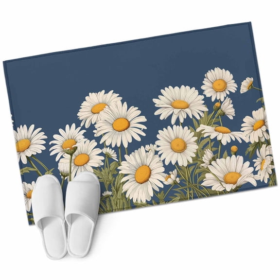 Daisy Bathroom Mat 2x3 FT, Non Slip Small Kitchen Mat, Spring Floral Summer Botanical Elegant Navy Blue Washable Soft Backed Front Door Throw Rug Indoor Outdoor Doormat for Entryway Sink