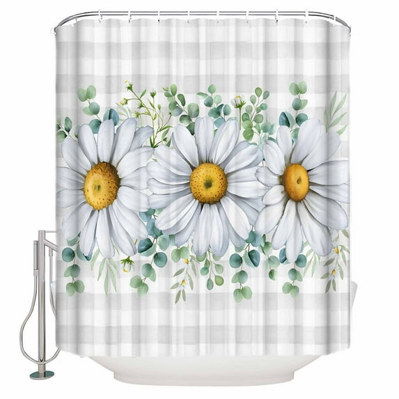 Daisy Bathroom Shower Curtains with 12 Hooks Polyester Waterproof Shower Curtain for Stalls and Bathtubs Spring Floral Grey Plaid Eucalyptus Leaves Decorative Bathroom Privacy Curtain 60x72 Inches