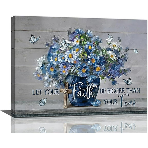 Daisy Bathroom Wall Art Christian Flower Wall Decor Religious Blue Daisy Butterfly Pictures Rustic Blue Flower Canvas Painting Framed Artwork for Living Room Bathroom Bedroom 16"x12"