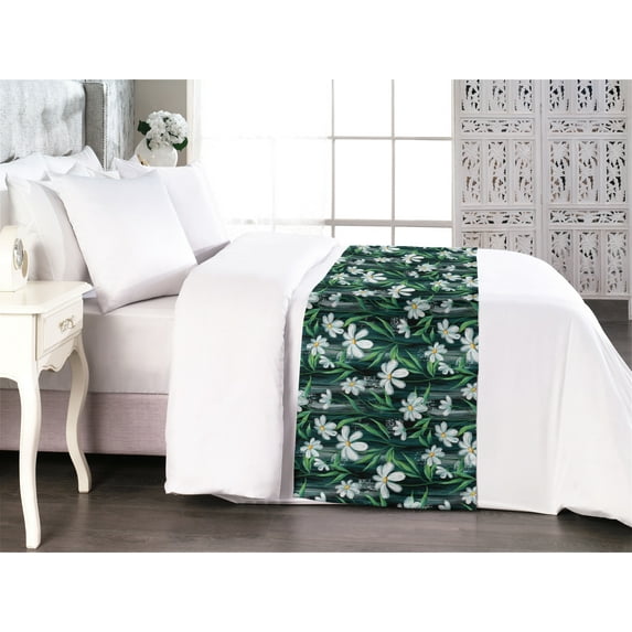 Daisy Bed Runner, Chamomile Flowers Meadow Summer Design Watercolor Style Nature Print, Decorative Accent Bedding Scarf for Hotels Homes & Guest Rooms, Queen, Green Dark Teal and Mustard, by Ambesonne