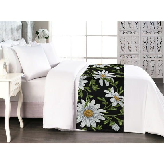 Daisy Bed Runner, Realist Chamomile Flowers with Delicate Petals and Greenish Peduncles Print, Decorative Accent Bedding Scarf for Hotels Homes & Guest Rooms, Queen, Off White Fern Green, by Ambesonne