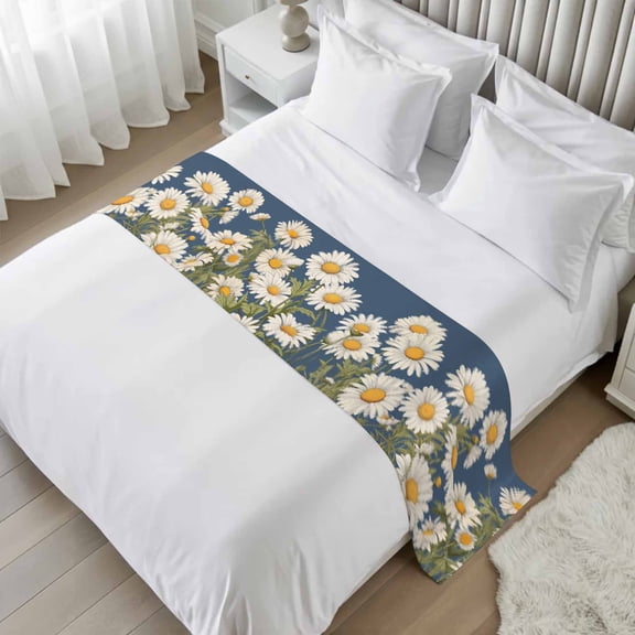 Daisy Bed Runner, Satin Bed Throw Runner for Queen Size Beds, Spring Floral Summer Botanical Elegant Navy Blue Decorative Bedding Scarf for Bedroom Hotel Wedding Room Guestrooms 94"x20"