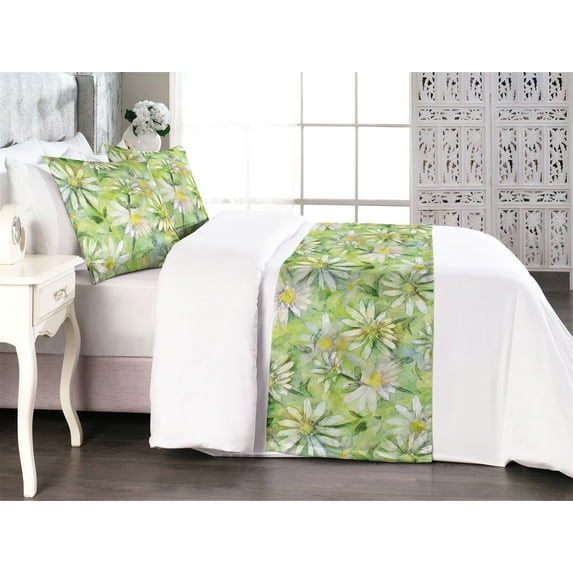 Daisy Bed Runner Set, Watercolor Design Pattern of Chamomile Flowers Meadow Hill Floral Ornament, Decorative Bedding Scarf & 2 Pillow Shams for Hotels Homes, Queen, Pastel Green Yellow, by Ambesonne