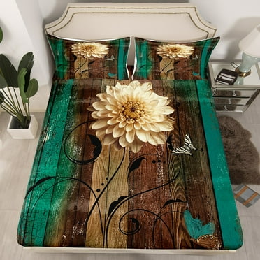 Daisy Bed Sheets Twin Boho Floral Fitted Sheet Retro Wooden Board Butterflies Sheets Women Vintage Botanical Flower Deep Pocket Bedding Set（No Top Sheet）
