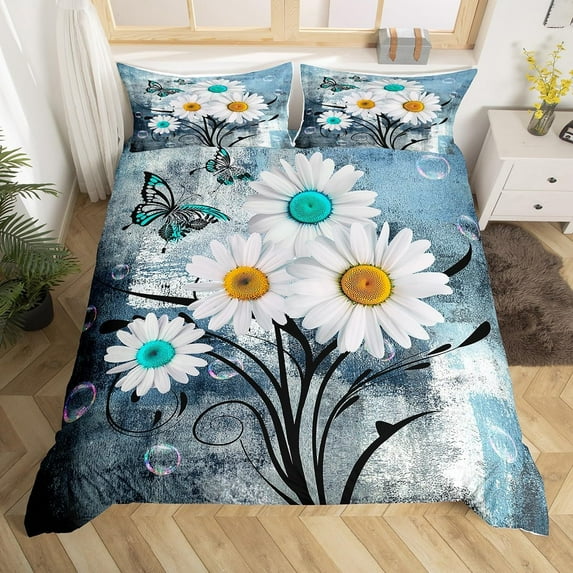 Daisy Bedding Set for Girls Women, Blue and Grey Ombre Duvet Cover, Rustic Grunge Butterflies Floral Comforter Cover Bedroom Decor, Graffiti Oil Painting Quilt Cover with 2 Pillowcases Lightweight