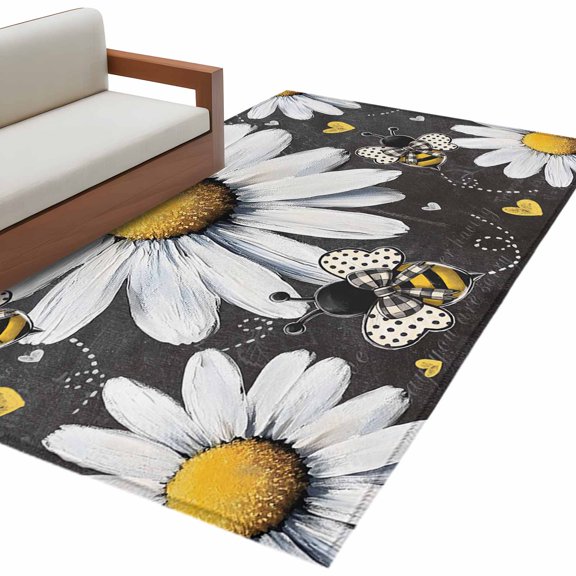 Daisy Bee 3'x5' Washable Rug, Summer Botanical Farmhouse Flower Plants Non-Slip Area Rugs for Entryway Kitchen Classroom, Dorm Throw Carpet, Low Pile Soft Indoor Floor Mat