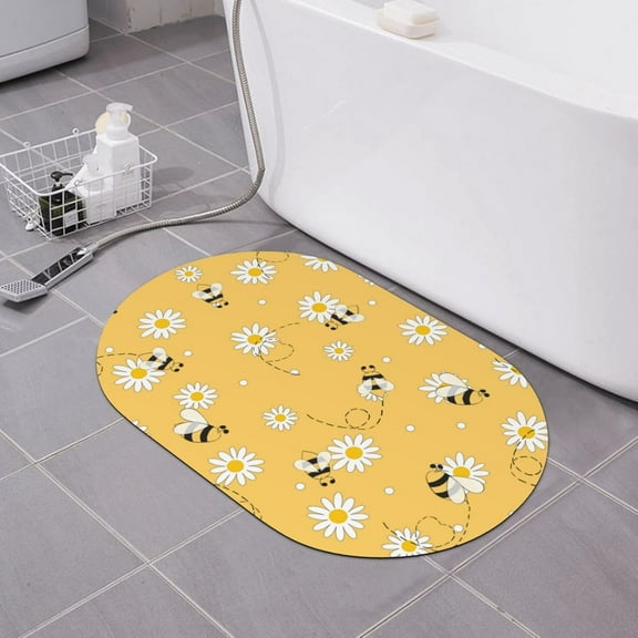 Daisy Bee Bath Mat Flying Honeybee Diatomaceous Earth Bathroom Rugs Absorbent Stone Bath Mat Fast Drying Shower Rug Non Slip Doormat 15.7" x 23.6"