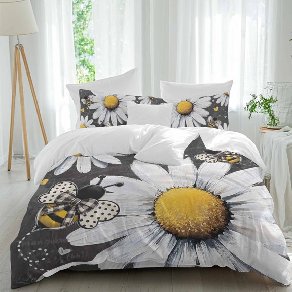 Daisy Bee Comforter Set Queen Size, Farmhouse Flower Vintage Blackboard Background Soft Bedding Set for Man Woman, 4 Pieces Duvet Cover Set with Fitted Sheet, 2 Pillowcases