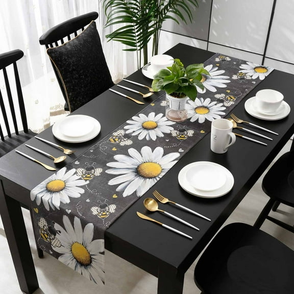 Daisy Bee Cotton Linen Small Table Runner 13 x 36 inch Summer Botanical Farmhouse Flower Plants Non-slip Rectangular Dining Table Decor for Wedding Party Holiday Dinner