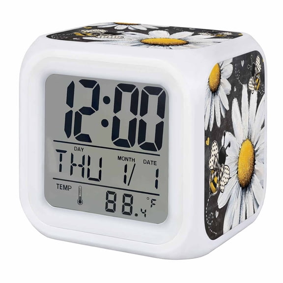 Daisy Bee Digital Alarm Clock for Bedrooms, Smart LED Alarm Clock with 7 Color Changing Night Light, Summer Botanical Farmhouse Flower Plants Silent Wake Up Clocks for Sleep Study Cooking 3.2"x3.2"