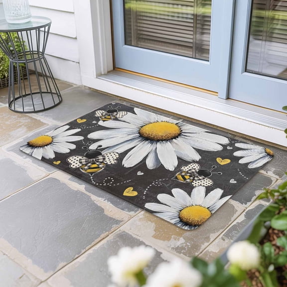 Daisy Bee Door Mat Indoor Outdoor, Summer Botanical Farmhouse Flower Plants Non Slip Welcome Mat with Rubber Backing, Absorbent Fabric Front Door Mats Entryway Rug for Home Patio Entrance 24"x36"