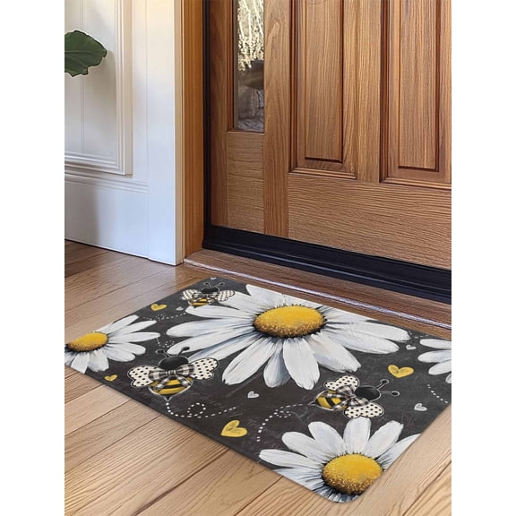 Daisy Bee Door Mat&nbsp;Indoor Outdoor Entrance, Non Slip Rug for Kitchen Bathroom Entryway Rug, Summer Botanical Farmhouse Flower Plants Washable Doormat Floor Mat for Office Home Decor 24x36 Inch