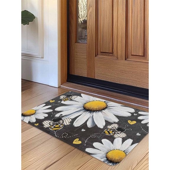 Daisy Bee Door Mat Indoor Outdoor Entrance, Non Slip Small Rug for Kitchen Bathroom Entryway Rug, Summer Botanical Farmhouse Flower Plants Washable Doormat Floor Mat 18x30 Inch