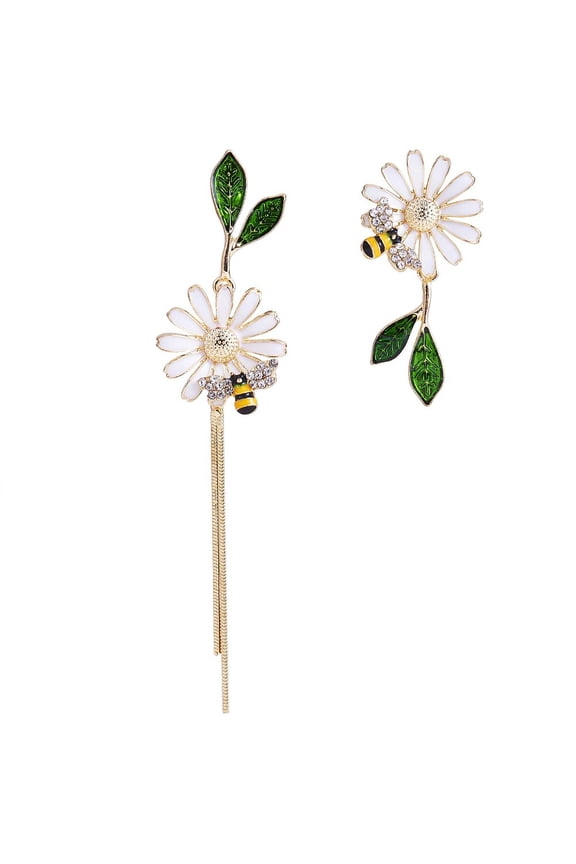 Daisy Bee Enamel Asymmetric Earrings Golden Alloy Long Tassel Dangle Stud Earrings for Women Green 91x20mm 42x20mm Pin: 0.7mm