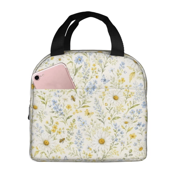 Daisy Bee Floral Lunch Bag Reusable Thermal Lunch Box with Handle for Women and Men