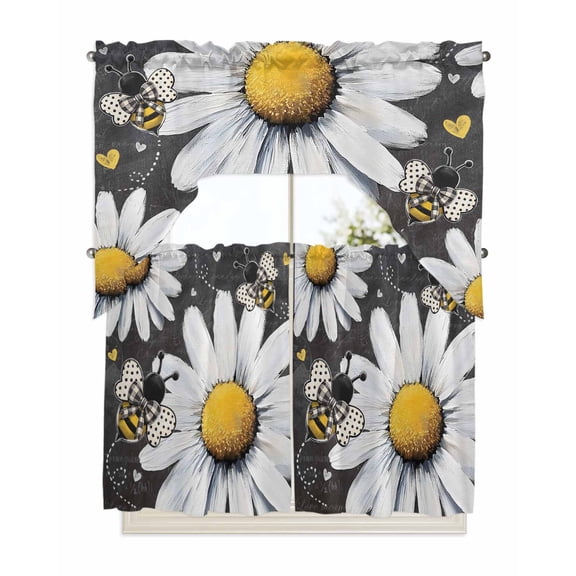 Daisy Bee Kitchen Curtain and Valance Set 3 Pieces,Rod Pocket Short Tier Curtains 36 Inch Length,Summer Botanical Farmhouse Flower Plants Swag Topper Small Window Treatment for Cafe Bathroom Bedroom