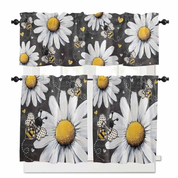 Daisy Bee Kitchen Curtains Valances and Tiers Set of 3 Farmhouse Flower Vintage Blackboard Background Tier Curtains and Valance for Kitchen Bathroom Small Windows 27.5"W x 24"L (Pack of 3)
