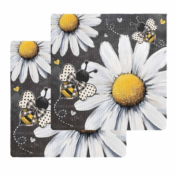 Daisy Bee Kitchen Dish Towels for Drying Dishes Set of 2, Summer Botanical Farmhouse Flower Plants Waffle Weave Microfiber Hand Tea Bathroom Towels Quick Dry & Absorbent Towel 12x12