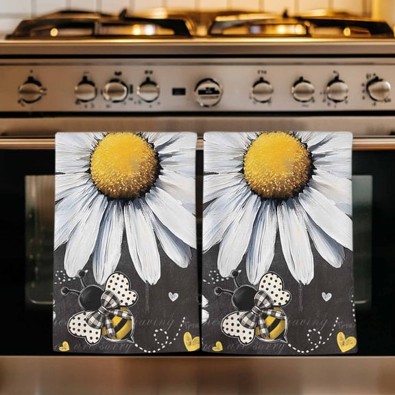 Daisy Bee Kitchen Towels Set of 1, Summer Botanical Farmhouse Flower Plants Absorbent Dish Towels for Kitchen, Microfiber Hand Towel, Quick Drying Tea Towel for Cleaning Decorative Dishcloths