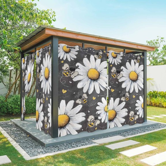 Daisy Bee Outdoor Curtains for Patio Waterproof, Farmhouse Flower Vintage Blackboard Background Grommet Curtains for Porch Outside Privacy Drape for Gazebo Garden Pergola, 1 Panel, 54x84in