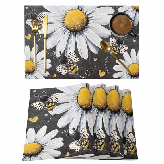 Daisy Bee Placemats Set of 6, Farmhouse Flower Vintage Blackboard Background Non-Slip Place Mats Washable Table Mats for Kitchen Dining Table Decorations Indoor/Outdoor