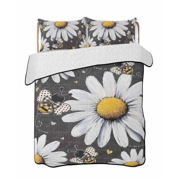 Daisy Bee Quilts Bedding Set Queen Size Farmhouse Flower Vintage Blackboard Background Lightweight Quilted Bedspread 3 Piece Bed Quilt with 2 Pillow Shams All Season for Bedroom 78" x 90"