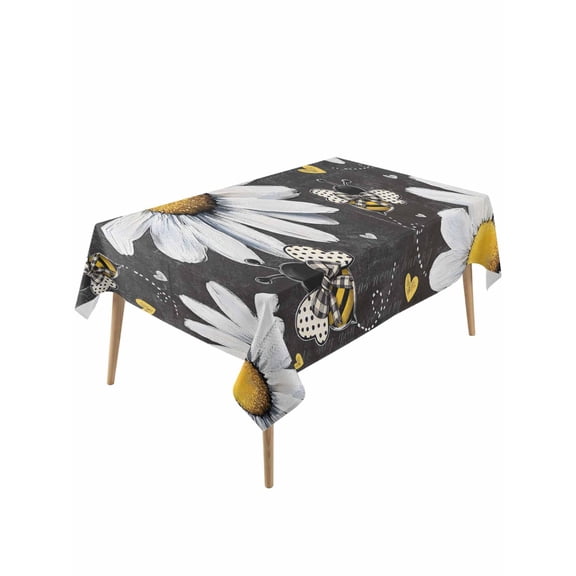 Daisy Bee Rectangle Tablecloth, Summer Botanical Farmhouse Flower Plants Waterproof & StainResistant Tablecloth, Washable Oil-proof Table Cover for Dining/Party/Wedding/Camping/Buffet 60x120 In