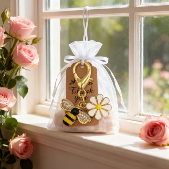 Daisy Bee Rhinestone Organza Bag Gift Tag Set Floral Charm Hanging Tag Decoration For Wedding Party Gift Wrapping Accessories Elegant Event Decoration Gift Card Set Present