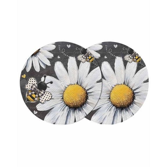 Daisy Bee Round 13 Inch Placemats Set of 2, Summer Botanical Farmhouse Flower Plants HeatResistant Non Slip Place Mats for Dining Table, Wipeable Braided Kitchen Table Mats for Housewarming