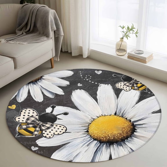 Daisy Bee Round Area Rug 3.3 FT, Non Slip Small Entryway Kitchen Mat, Summer Botanical Farmhouse Flower Plants Washable Soft Circular Rug Non-Shedding Door Mat for Bathroom Playroom Kids Room