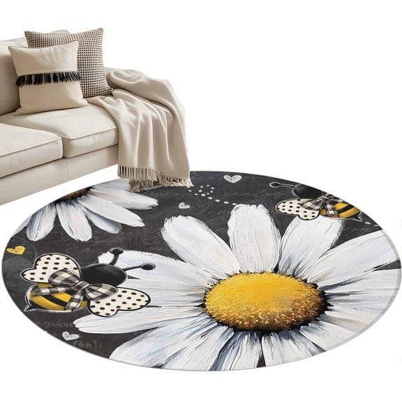 Daisy Bee Round Area Rug 4 FT, Non Slip Indoor Outdoor Rug, Summer Botanical Farmhouse Flower Plants Washable Soft Circular Carpet Non-Shedding Floor Mat for Coffee Table Nursery Foyer Balcony
