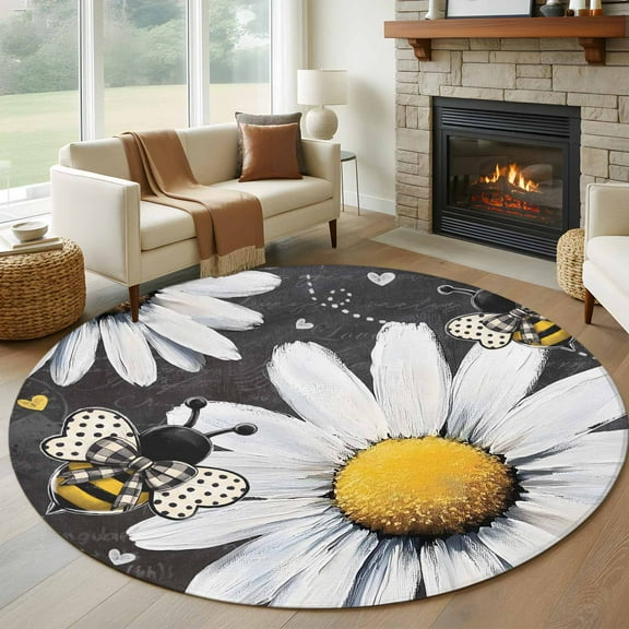 Daisy Bee Round Area Rug 6 FT, Non Slip Bedroom Area Rug, Summer Botanical Farmhouse Flower Plants Washable Soft Circular Carpet Non-Shedding Floor Mat for Kitchen Dining Room Home Office Kids Room
