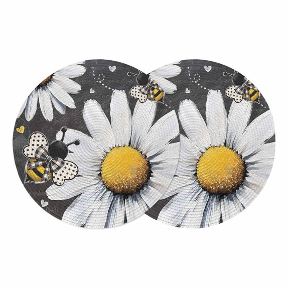 Daisy Bee Round Placemats Set of 2 Summer Botanical Farmhouse Flower Plants Place Mats Indoor Woven Table Mats Washable Heat-Resistance Braided Dining Table Placemats for Kitchen Party Decor 13 Inch