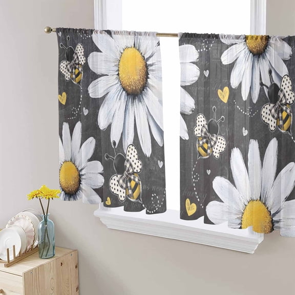Daisy Bee Semi Sheer Curtains 45 Inch Length 2 Panels Set, Summer Botanical Farmhouse Flower Plants Sheer Kitchen Curtain Privacy Voile Window Curtain for Living Room Bedroom Rod Pocket Drapes