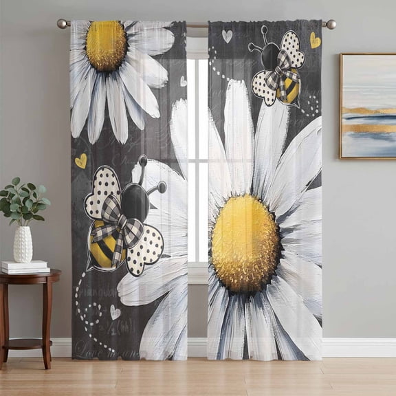 Daisy Bee Sheer Curtains 84 Inch Length 2 Panels Set, Summer Botanical Farmhouse Flower Plants Voile Window Treatment Rod Pocket Curtains Sheers Drapes for Bedroom/Living Room/Kitchen 52"x84"x2