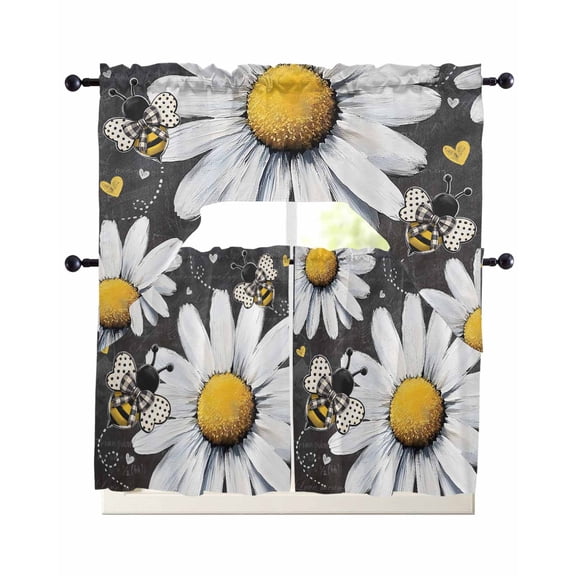 Daisy Bee Swag Curtains for Living Room/Bedroom Windows, Summer Botanical Farmhouse Flower Plants Kitchen Curtains and Valances Set 36 Inch Length, Light Filtering Swags Valance Curtain Panels