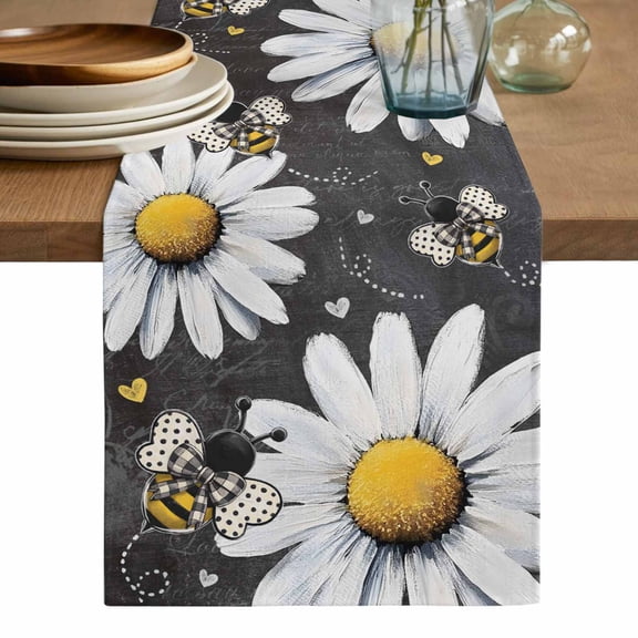 Daisy Bee Table Runner, Summer Botanical Farmhouse Flower Plants Washable Cotton Linen Table Runners 36 Inches Long, Dresser Scarf Runner for Nightstand/End Tables/Round Tables 13''x36''