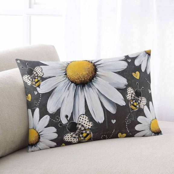 Daisy Bee Throw Pillow Cover, Pillowcase Protectors with Zipper, Breathable Decorative Lumbar Pillow Case Cover, Summer Botanical Farmhouse Flower Plants Pillow Shams for Couch Sofa 12x20Inch