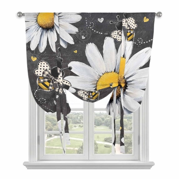 Daisy Bee Tie Up Curtain Valance for Window,Adjustable Rod Pocket Window Curtains Shades,Summer Plants Farmhouse Flower Plants Light Filtering Valance Drapes for Kitchen Living Room Bedroom 42"x63"
